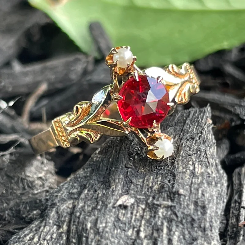 Clustered stone rings-Estate 10k Yellow Gold Victorian Ring with Red Garnet and Glass Doublet Center and Seed Pearl Accents