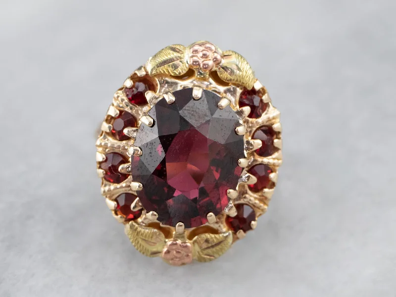 Stacked design rings-Retro Era Floral Garnet Halo Cocktail Ring