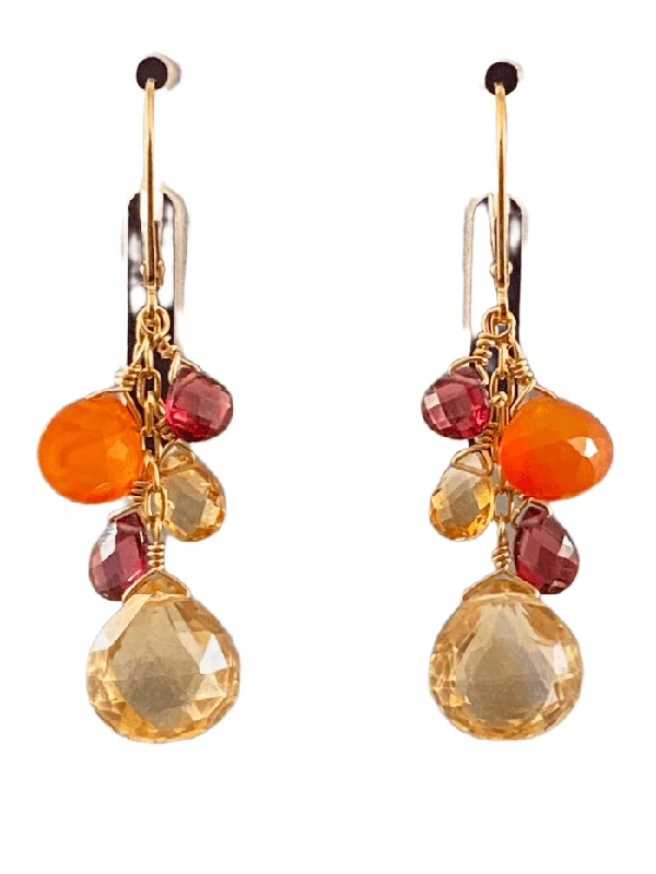 Whimsical pair earrings-Citrine Garnet Carnelian Yellow Gold Waterfall Gemstone Earrings