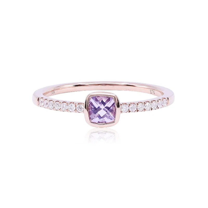 Polished bead rings-14K ROSE GOLD ANTIQUE CUSHION-CUT LAVENDER AMETHYST RING WITH DIAMONDS