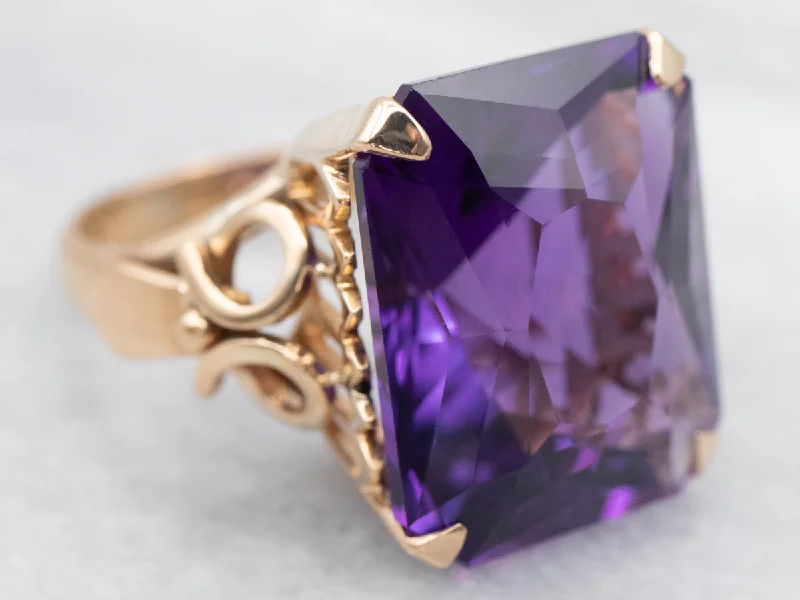 Orbit birthstone rings-Ornate Yellow Gold Amethyst Ring