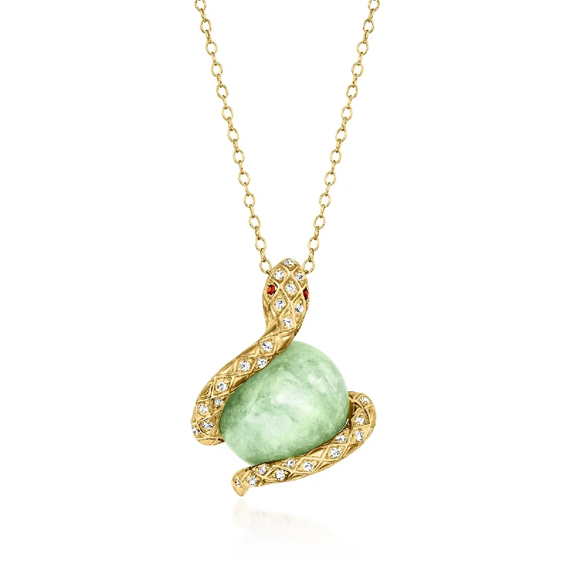 Stone strand necklaces-Ross-Simons 14mm Jade and . White Topaz Snake Pendant Necklace With Garnets in 18kt Gold Over Sterling