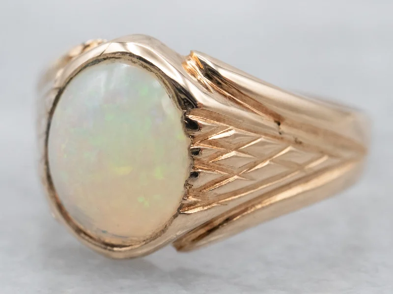 Leafy carved rings-Antique Rose Gold Opal Solitaire Ring