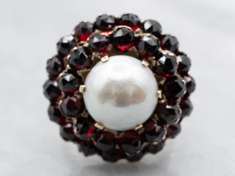 Rope loop rings-Vintage Mabe Pearl and Garnet Halo Cocktail Ring