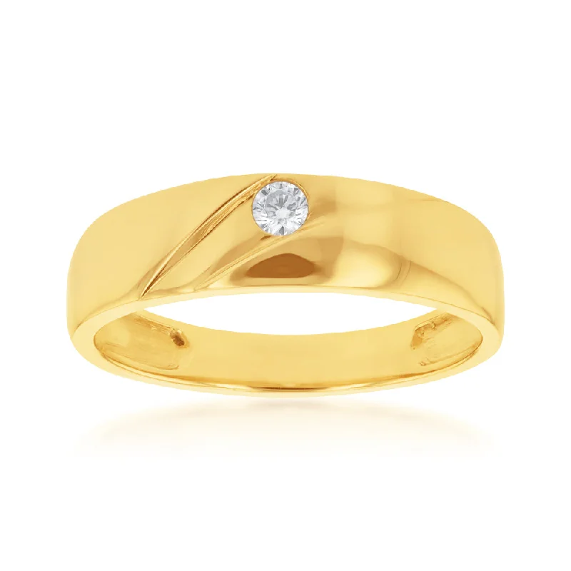 Oak grain rings-9ct Yellow Gold Round Cubic Zirconia Gents Ring