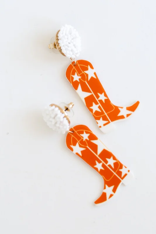 Owl wing earrings-Orange + White Cowboy Boot Earrings