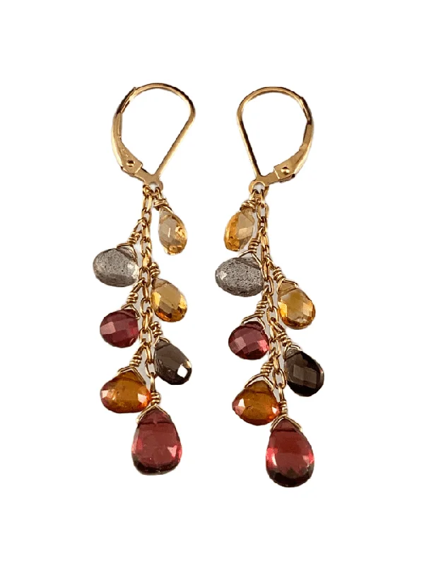 Elegant art earrings-Garnet Citrine Smokey Quartz Yellow Gold Waterfall Gemstone Earrings