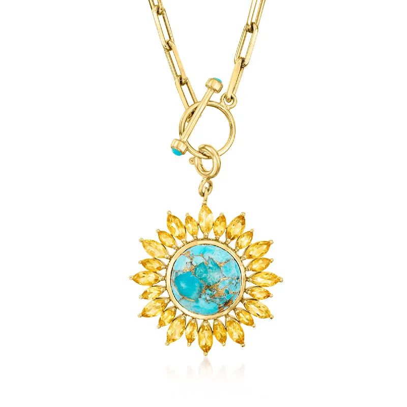 Elastic thread necklaces-Ross-Simons Turquoise and Citrine Sunflower Toggle Necklace in 18kt Gold Over Sterling