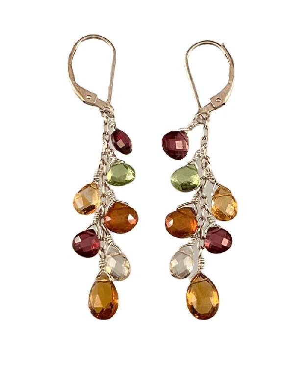 Rosebud motif earrings-Garnet Topaz Lemon Quartz Citrine Peridot Silver Waterfall Gemstone Earrings