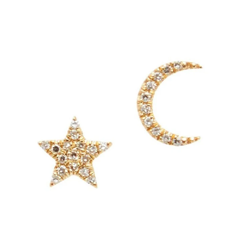 Garnet stone earrings-Tiny Star and Moon Yellow Gold Diamond Studs