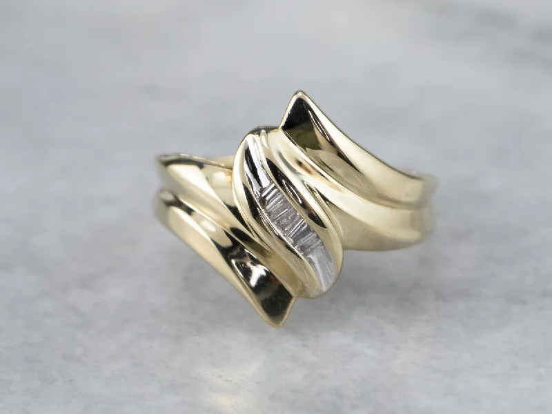 Subtle filigree rings-Diamond Two Tone Gold Bypass Ring