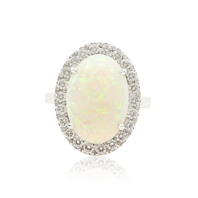 White quartz rings-14K WHITE GOLD OVAL OPAL AND DIAMOND HALO COCKTAIL RING