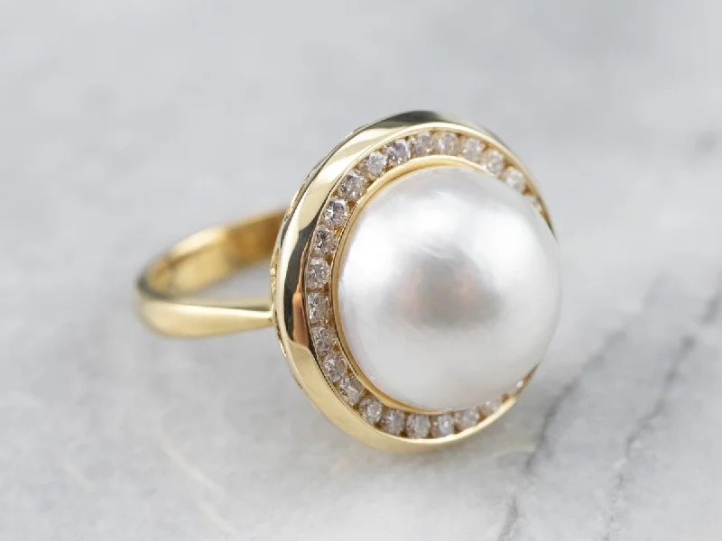 Bead trim rings-Mabe Pearl and Diamond Halo Cocktail Ring