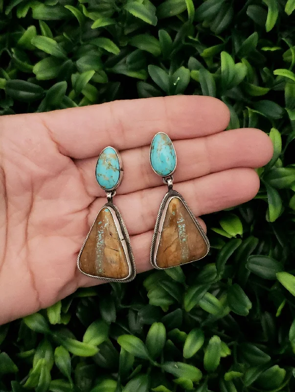 Weathered brass earrings-Stamped Sterling Silver Turquoise Dangle Earrings