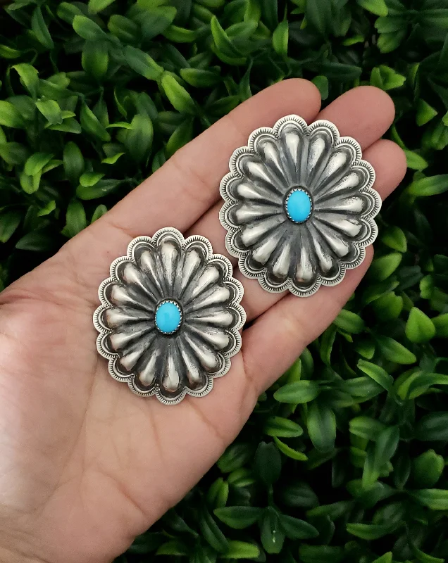 Ripple theme earrings-Stamped Sterling Silver Turquoise Concho Earrings