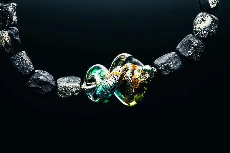 Rosebud flower necklaces-Cubes of Slate with Pyrite Necklace and a Murano-Style Glass Pendant/Clasp