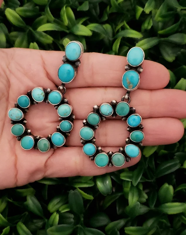 Solid hoop earrings-Stamped Sterling Silver Turquoise Round Dangle Earrings