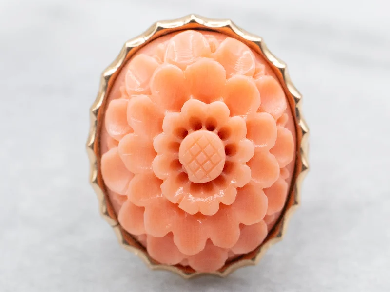 Orbit birthstone rings-Vintage Gold Carved Coral Flower Cocktail Ring