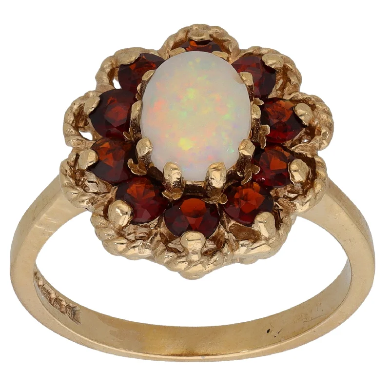 Bold stone rings-9ct Gold Opal & Garnet Cluster Ring Size N