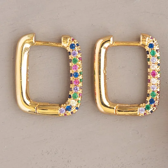 Blended metal earrings-Square Cubic Zirconia Rainbow Crystal Huggy Hoop Earring