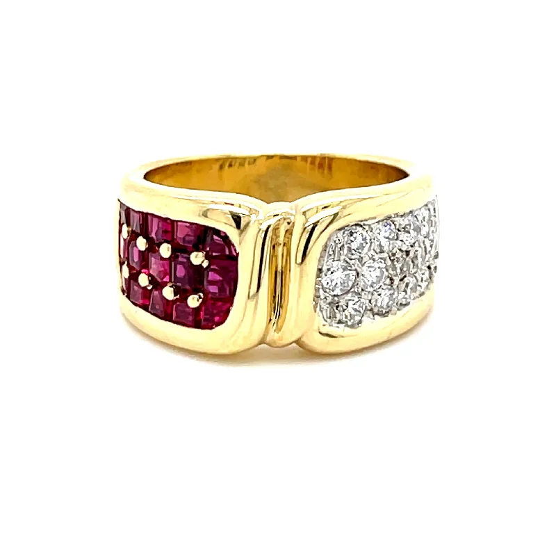 Owl motif rings-ESTATE 18K YELLOW GOLD RUBY & DIAMOND FASHION RING