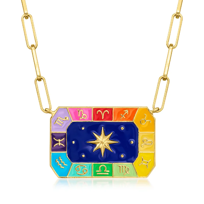 Thin choker necklaces-Ross-Simons Multicolored Enamel Zodiac Paper Clip Link Necklace in 18kt Yellow Gold Over Sterling