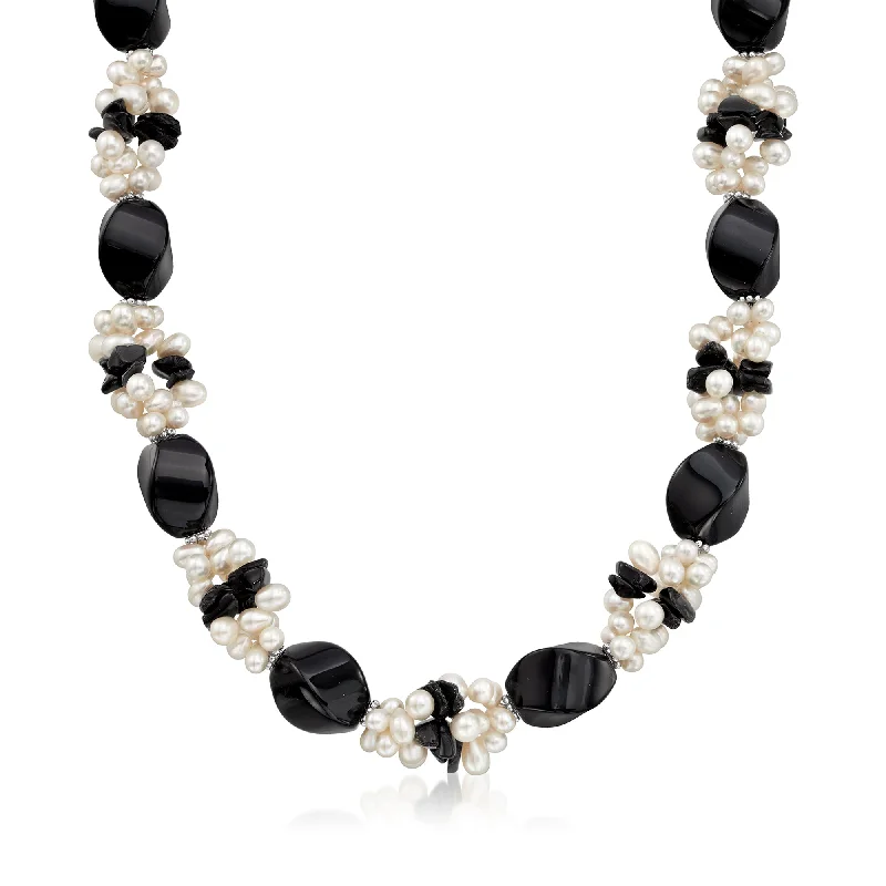 Bold gem necklaces-Ross-Simons 5-20mm Onyx Bead and 5-6mm Cultured Pearl Cluster Necklace With Sterling Silver