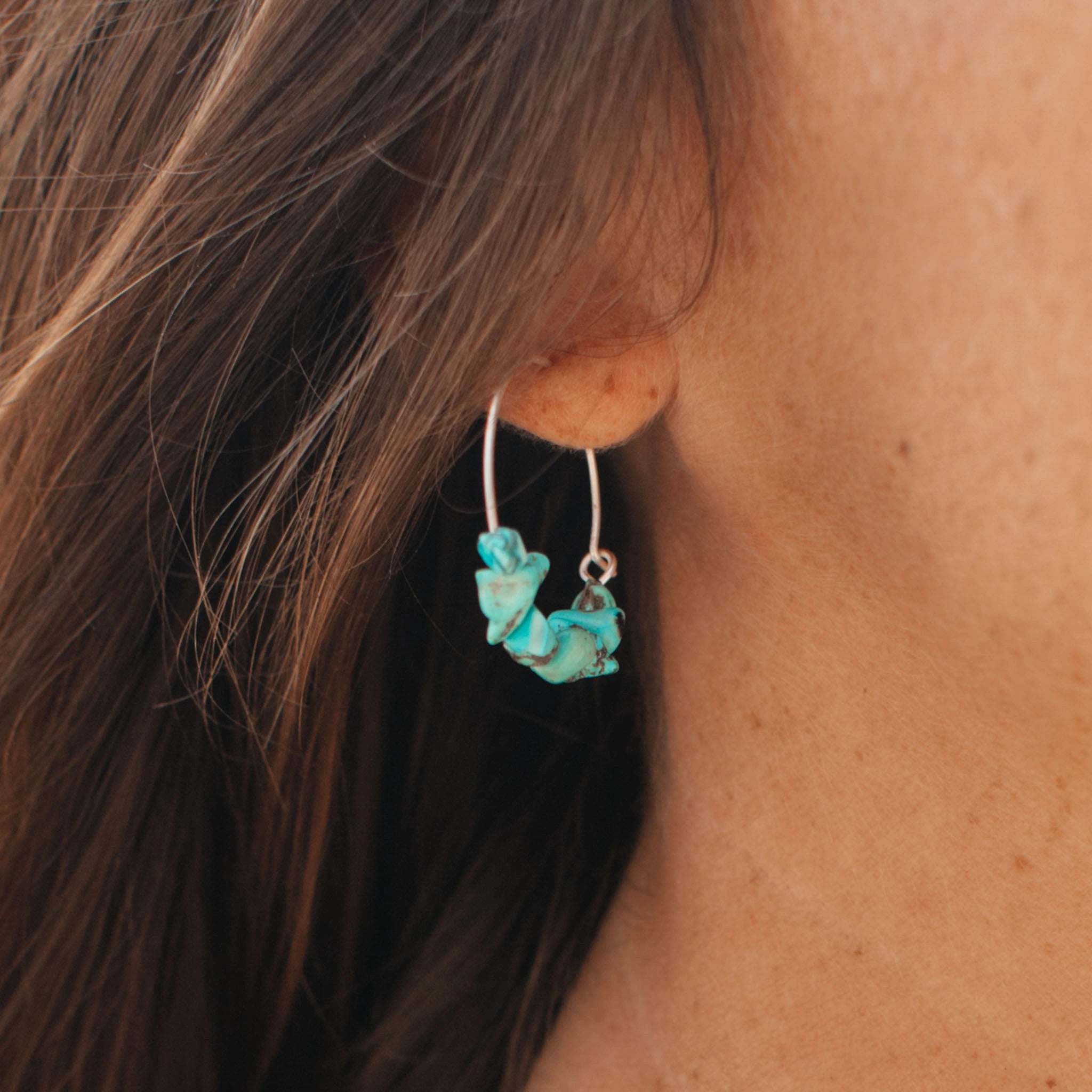 Etched disc earrings-Samudra Turquoise Howlite Stone Hoop Earrings