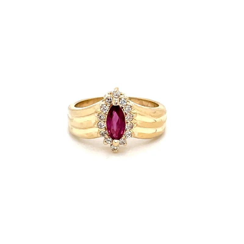 Fine form rings-ESTATE 14K YELLOW GOLD CONTOUR RUBY RING FEATURING DIAMOND HALO