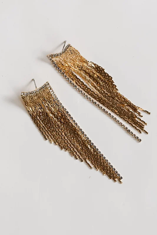 Gothic style earrings-FINAL SALE - Riley Gold Rhinestone Fringe Earrings