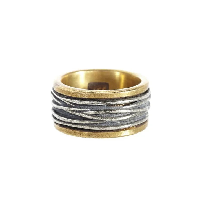 Bold cocktail rings-John Varvatos men's distressed brass ring with sterling silver wire wrap center