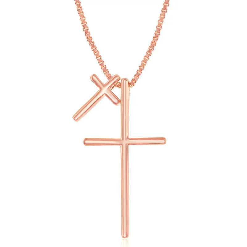 Web choker necklaces-Sterling Silver Double Cross Necklace - Rose Gold Plated