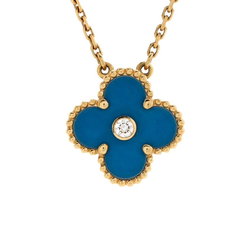 Flow pattern necklaces-Vintage Alhambra Pendant Necklace 18K Yellow Gold and Blue Sevres Porcelain with Diamond