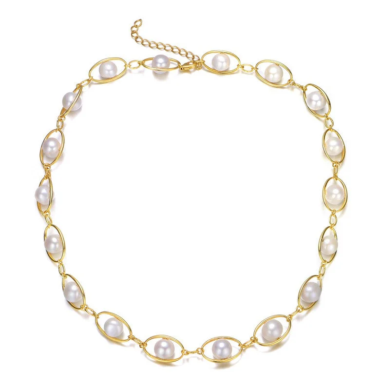 Baroque pearl necklaces-Sterling Silver 14k Gold Plated Genuine Freshwater Pearl Oval Link Necklace