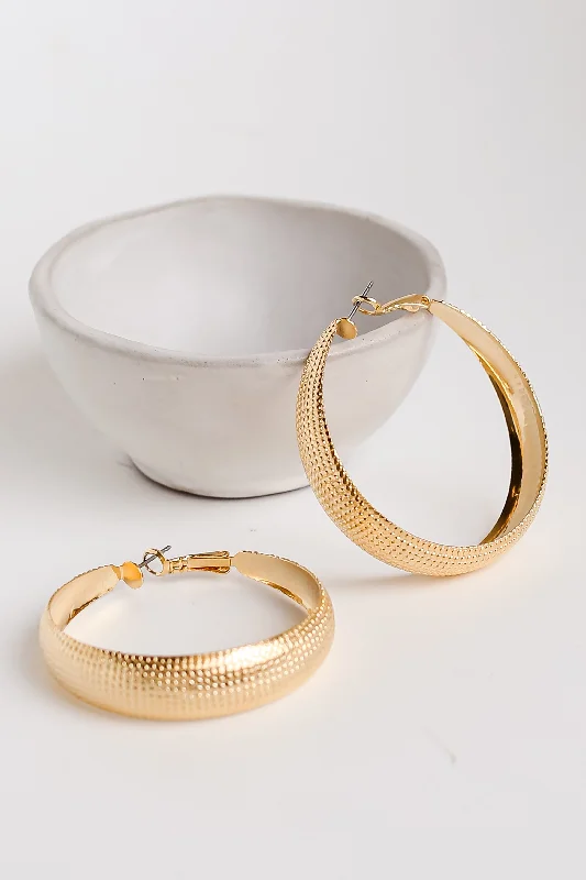 Stone strand earrings-FINAL SALE - Kate Gold Textured Hoop Earrings