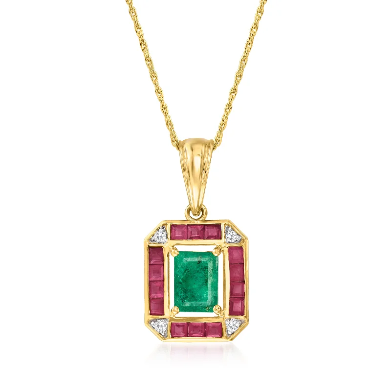 Custom letter necklaces-Ross-Simons Emerald, . Ruby and Diamond-Accented Pendant Necklace in 14kt Yellow Gold