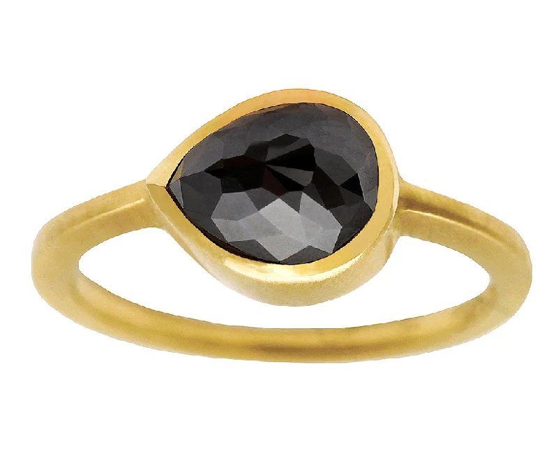 Rustic cameo rings-1.50ct Pear Rose-cut Black Diamond & Yellow Gold Bezel Ring