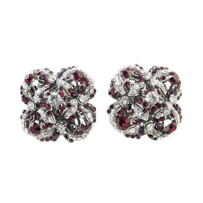 Eight-tier earrings-Silver Crystal Floral Button Clip Earrings