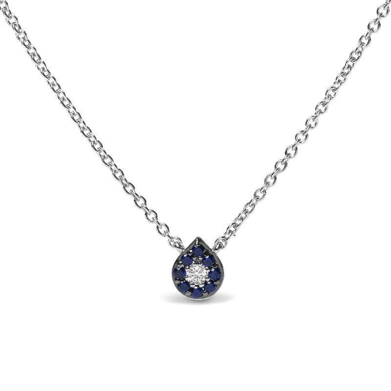 Crescent wax necklaces-18K White Gold Diamond Accent and 1mm Round Blue Sapphire Gemstone Halo Teardrop Pendant Necklace