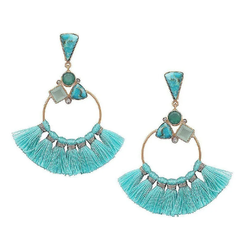 Sharp star earrings-Turquoise Tassel Hoop Earrings