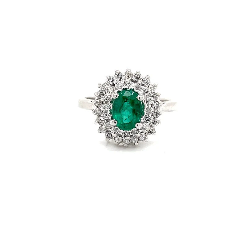 Rustic flair rings-ESTATE 14KW Gold Double Halo Emerald Ring