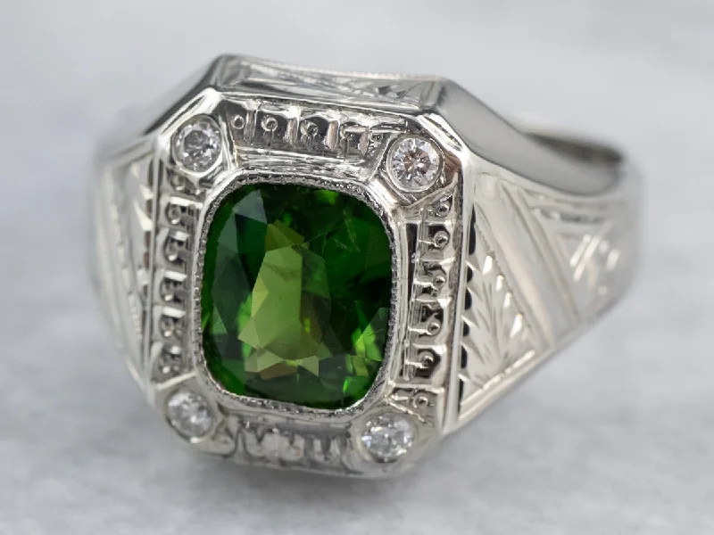 Rope loop rings-Green Tourmaline Diamond White Gold Statement Ring