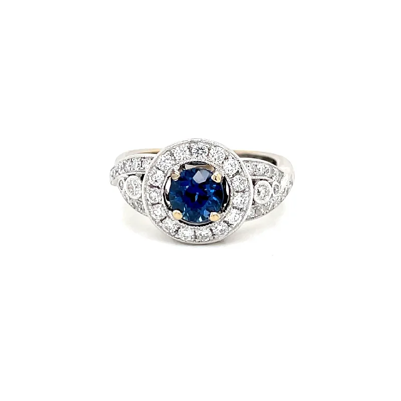 Fine wing rings-ESTATE 18KW Gold Vintage-Inspired Halo Design Sapphire Ring