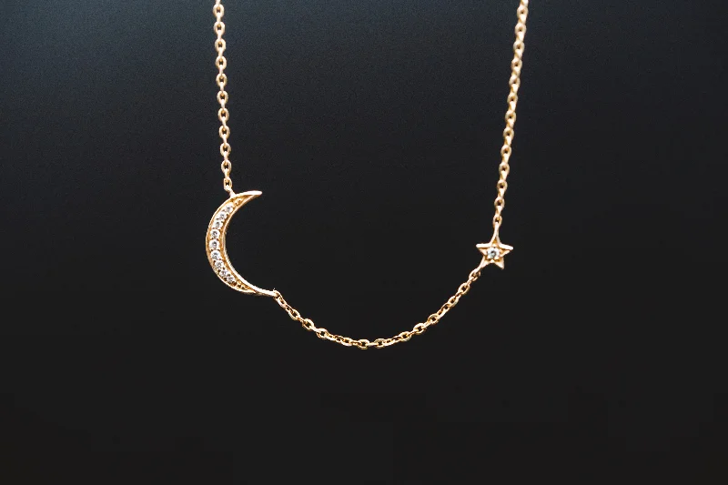 Opal healing necklaces-14k Yellow Gold Moon and Star Necklace