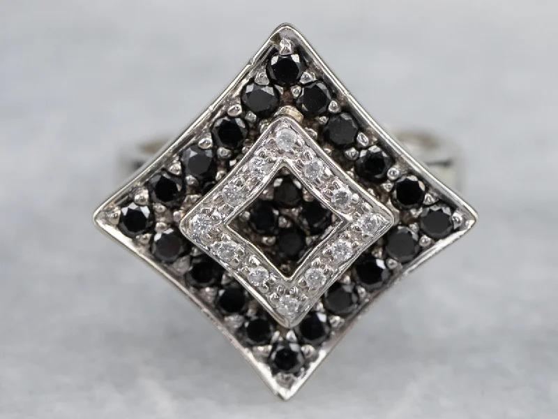 Woven motif rings-Modernist Black and White Diamond Dinner Ring