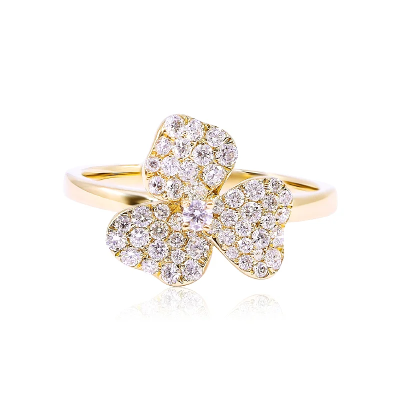 Fine wing rings-18K YELLOW GOLD PAVE THREE-PETAL DIAMOND FLOWER RING 0.58CTW