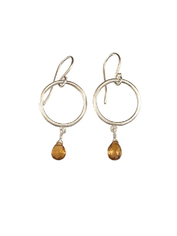 Flow shape earrings-Sterling Circle and Citrine Drop Earrings