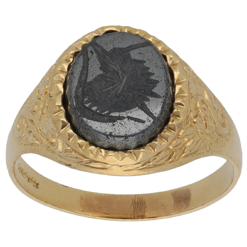 Sharp star rings-9ct Gold Haematite Patterned Signet Ring Size T