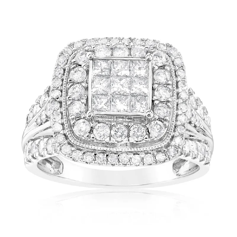 Light enamel rings-1.40 Carat Diamond Cushion Cluster Ring in 14ct White Gold