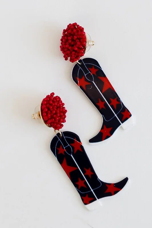 Oak wood earrings-Red + Navy Cowboy Boot Earrings